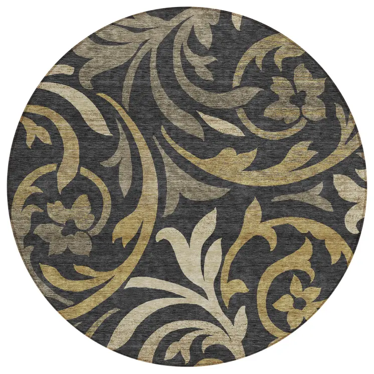 8' Black Taupe And Gold Round Floral Washable Indoor Outdoor Area Rug