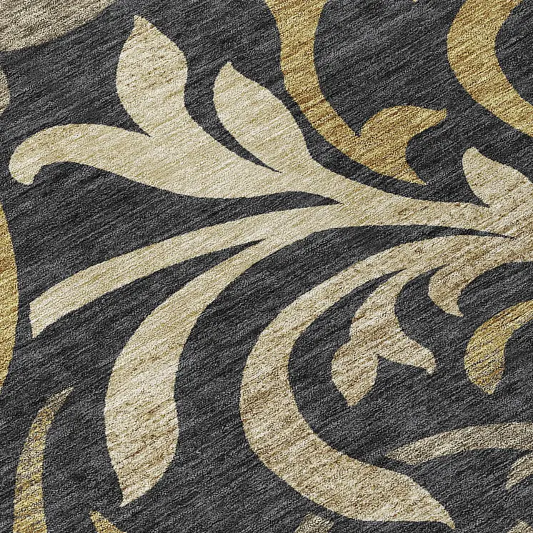 8' Black Taupe And Gold Round Floral Washable Indoor Outdoor Area Rug