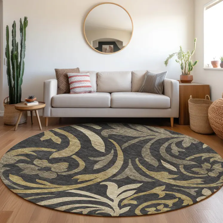 8' Black Taupe And Gold Round Floral Washable Indoor Outdoor Area Rug