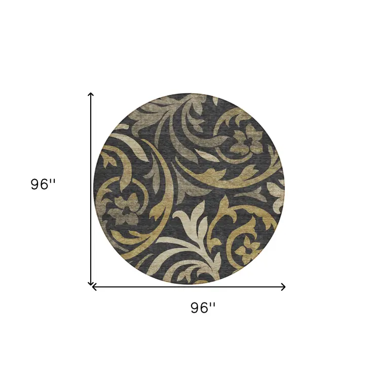 8' Black Taupe And Gold Round Floral Washable Indoor Outdoor Area Rug