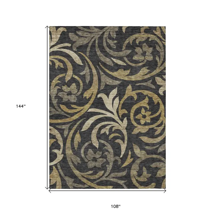 9' X 12' Black Taupe And Gold Floral Washable Indoor Outdoor Area Rug