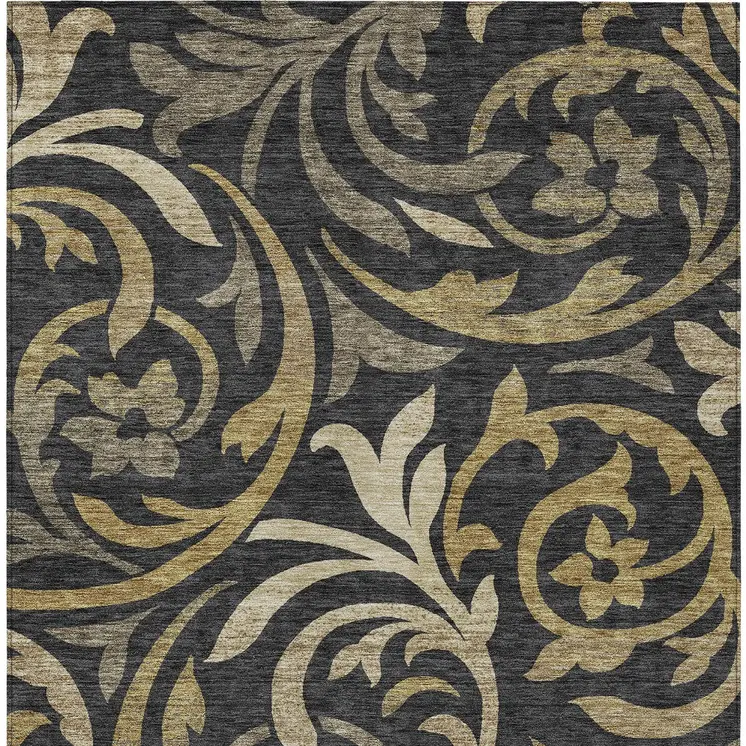 9' X 12' Black Taupe And Gold Floral Washable Indoor Outdoor Area Rug