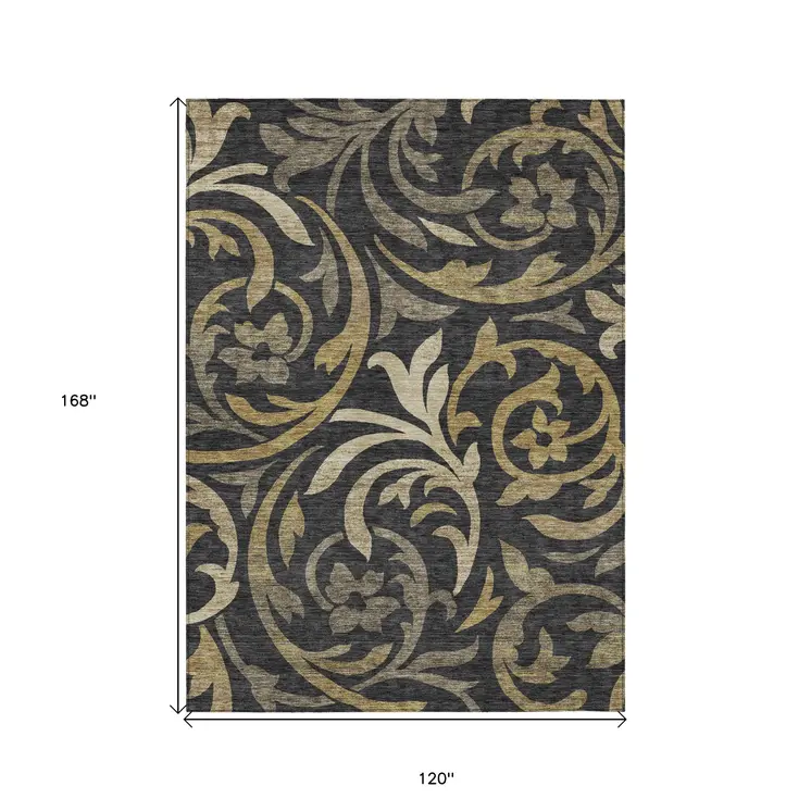 10' X 14' Black Taupe And Gold Floral Washable Indoor Outdoor Area Rug