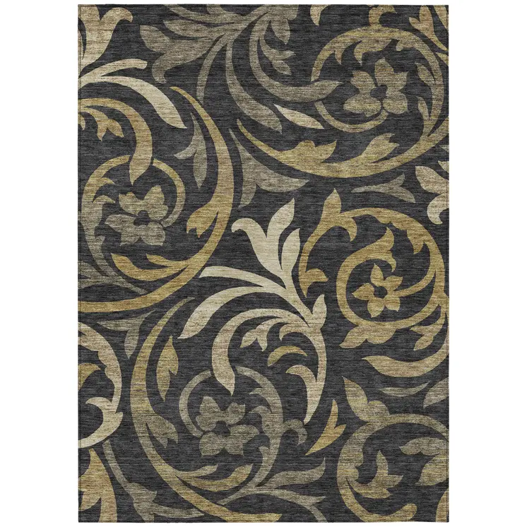 10' X 14' Black Taupe And Gold Floral Washable Indoor Outdoor Area Rug