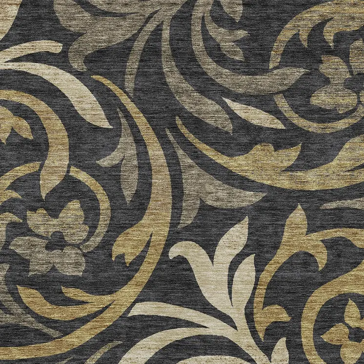 10' X 14' Black Taupe And Gold Floral Washable Indoor Outdoor Area Rug