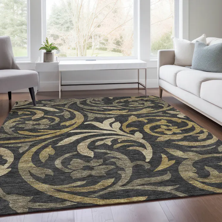10' X 14' Black Taupe And Gold Floral Washable Indoor Outdoor Area Rug