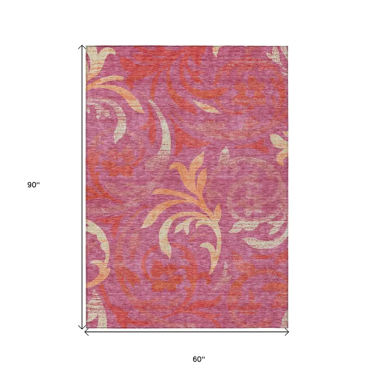 5' X 8' Blush Orange And Ivory Floral Washable Indoor Outdoor Area Rug