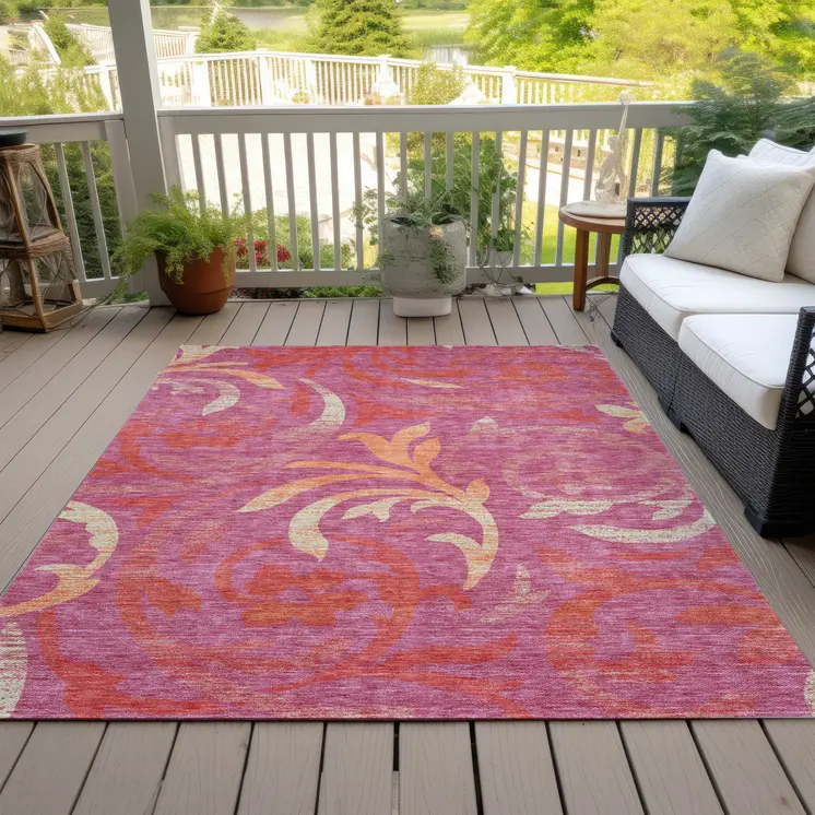 10' X 14' Blush Orange And Ivory Floral Washable Indoor Outdoor Area Rug
