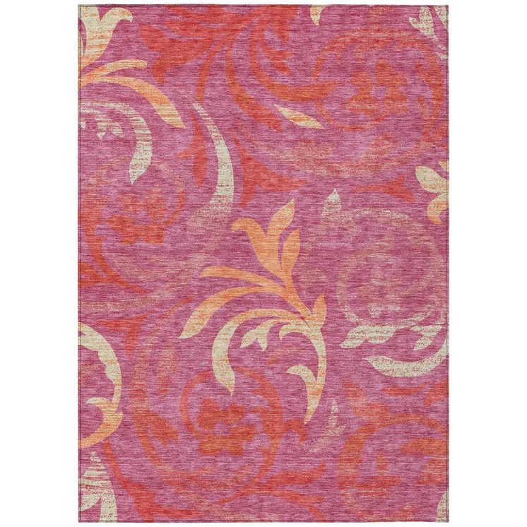 10' X 14' Blush Orange And Ivory Floral Washable Indoor Outdoor Area Rug