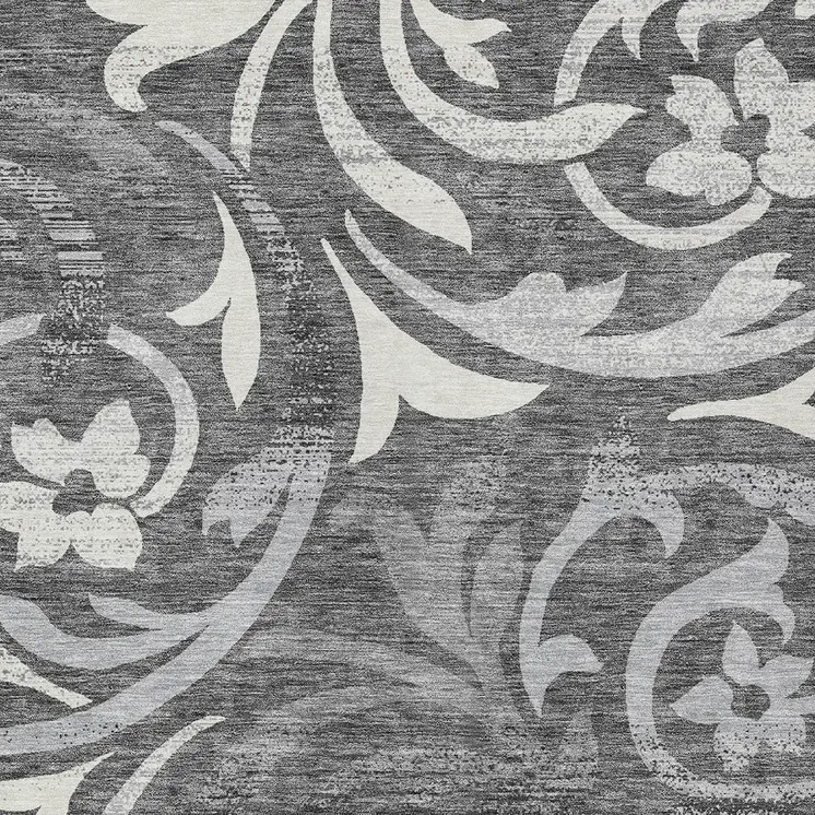 3' X 5' Charcoal Silver And Gray Floral Washable Indoor Outdoor Area Rug