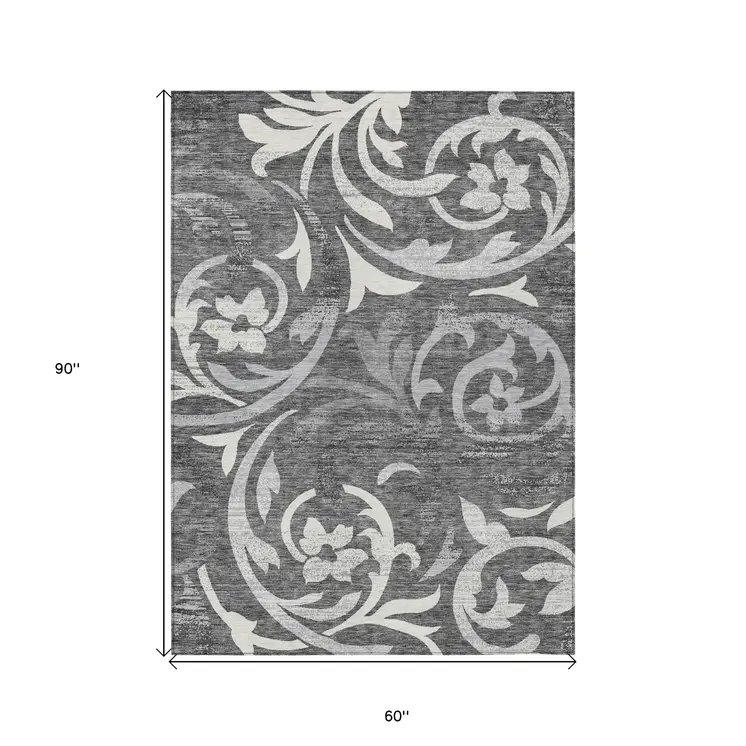 5' X 8' Charcoal Silver And Gray Floral Washable Indoor Outdoor Area Rug