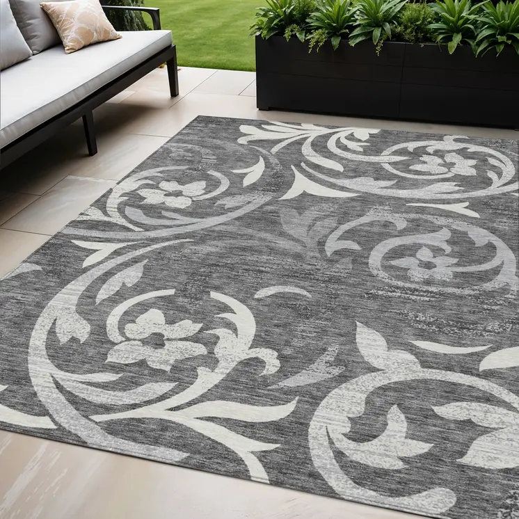 5' X 8' Charcoal Silver And Gray Floral Washable Indoor Outdoor Area Rug