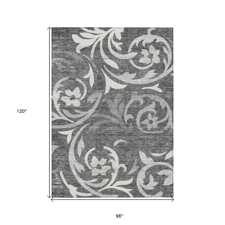 8' X 10' Charcoal Silver And Gray Floral Washable Indoor Outdoor Area Rug
