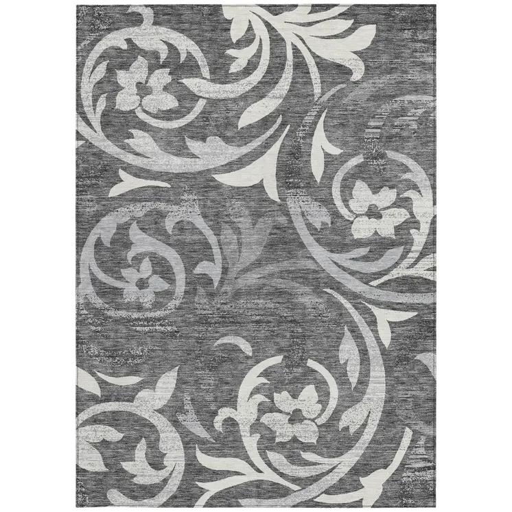 9' X 12' Charcoal Silver And Gray Floral Washable Indoor Outdoor Area Rug