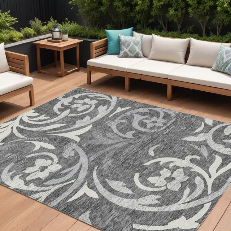 9' X 12' Charcoal Silver And Gray Floral Washable Indoor Outdoor Area Rug