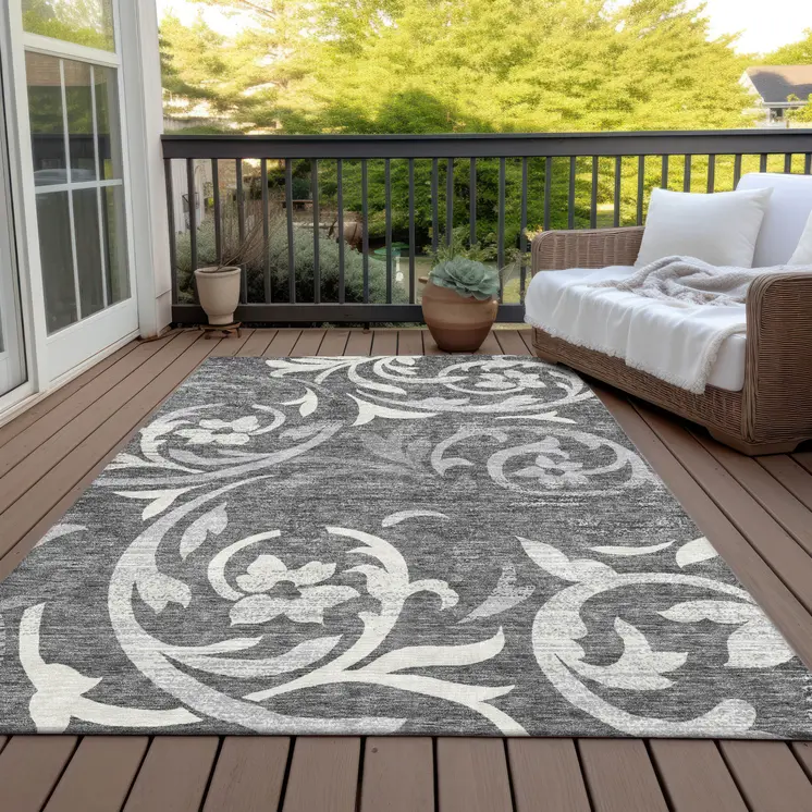 9' X 12' Charcoal Silver And Gray Floral Washable Indoor Outdoor Area Rug