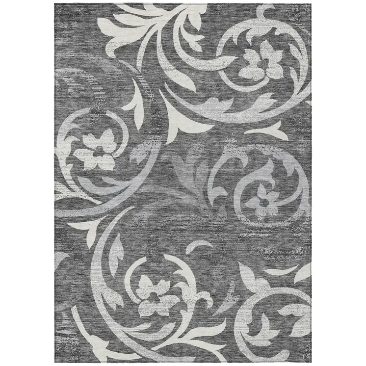 9' X 12' Charcoal Silver And Gray Floral Washable Indoor Outdoor Area Rug