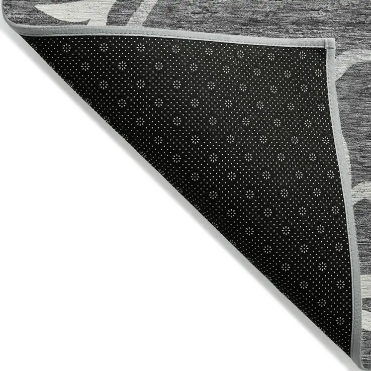 9' X 12' Charcoal Silver And Gray Floral Washable Indoor Outdoor Area Rug
