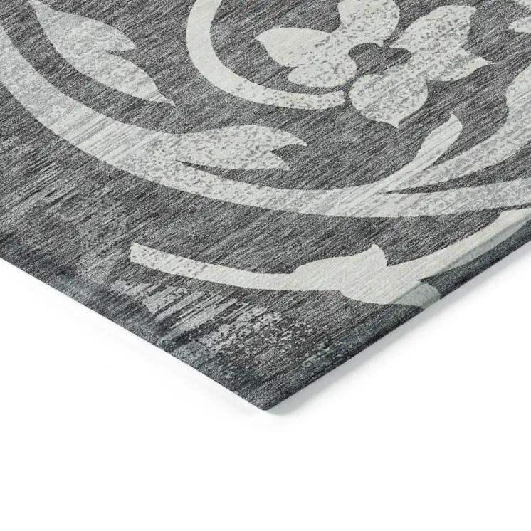 9' X 12' Charcoal Silver And Gray Floral Washable Indoor Outdoor Area Rug