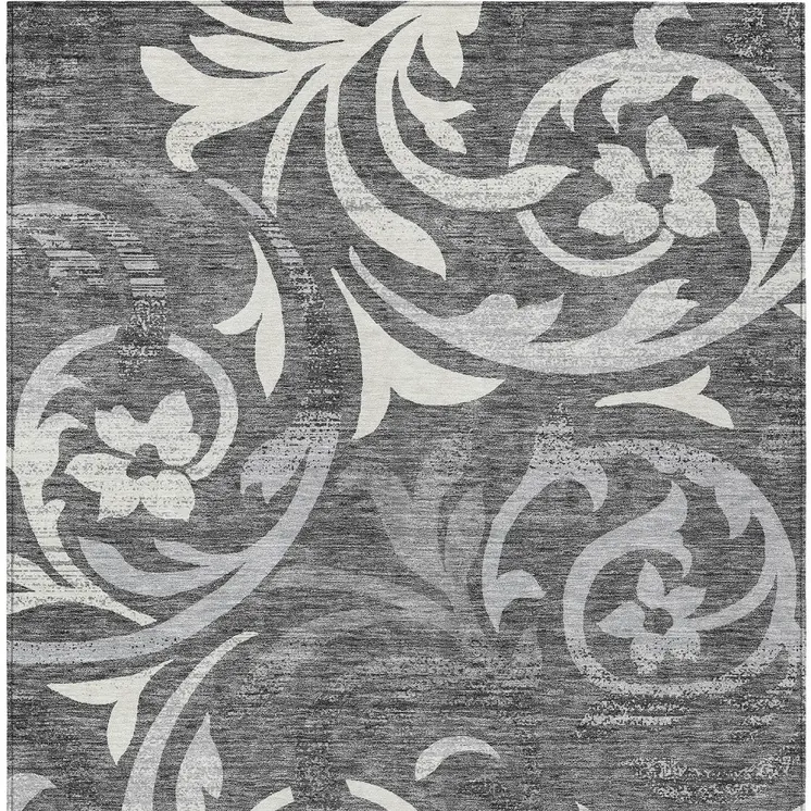 9' X 12' Charcoal Silver And Gray Floral Washable Indoor Outdoor Area Rug