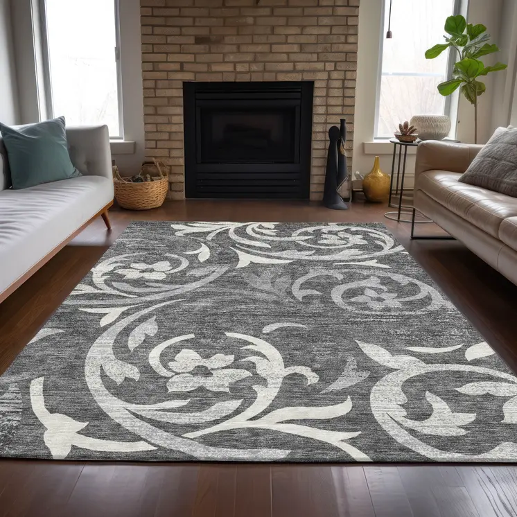 9' X 12' Charcoal Silver And Gray Floral Washable Indoor Outdoor Area Rug