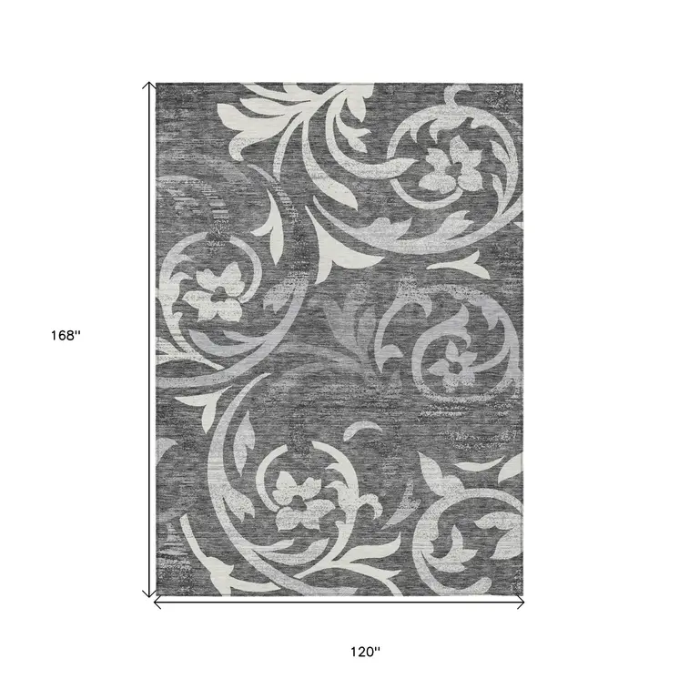 10' X 14' Charcoal Silver And Gray Floral Washable Indoor Outdoor Area Rug