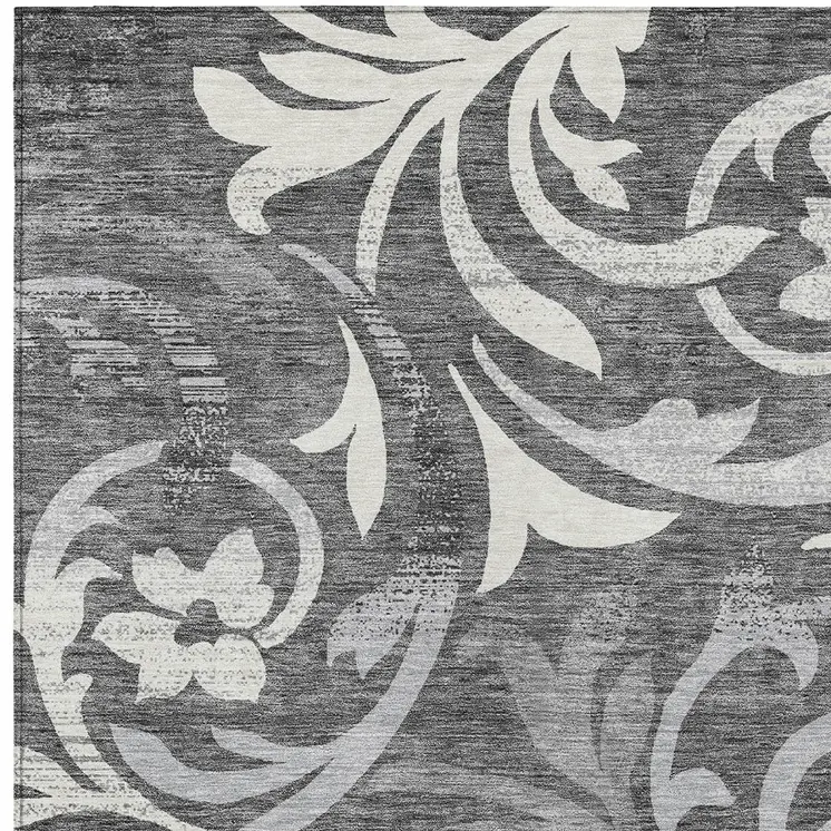 10' X 14' Charcoal Silver And Gray Floral Washable Indoor Outdoor Area Rug