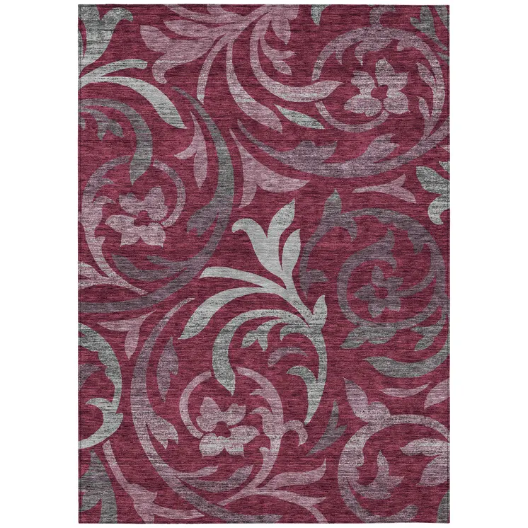 5' X 8' Red Gray And Silver Floral Washable Indoor Outdoor Area Rug