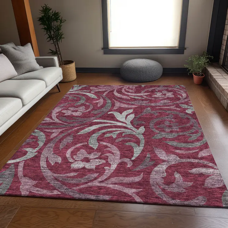 5' X 8' Red Gray And Silver Floral Washable Indoor Outdoor Area Rug