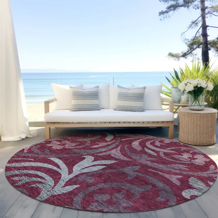 8' Red Gray And Silver Round Floral Washable Indoor Outdoor Area Rug