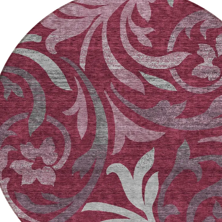 8' Red Gray And Silver Round Floral Washable Indoor Outdoor Area Rug