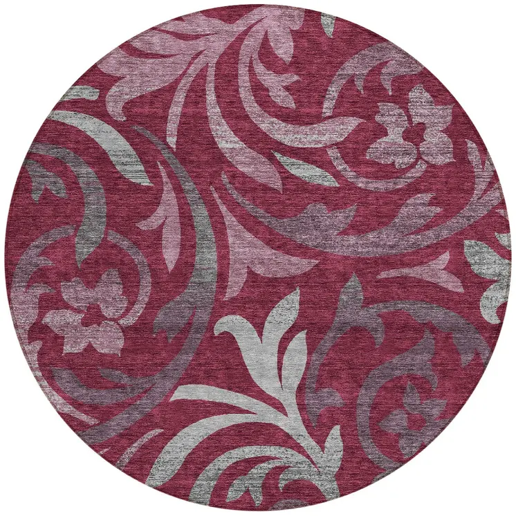 8' Red Gray And Silver Round Floral Washable Indoor Outdoor Area Rug
