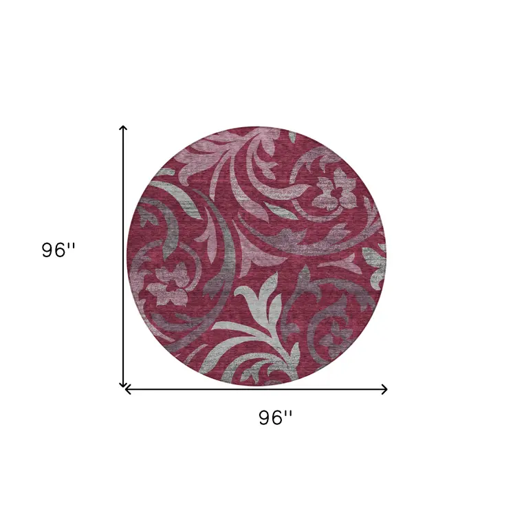 8' Red Gray And Silver Round Floral Washable Indoor Outdoor Area Rug