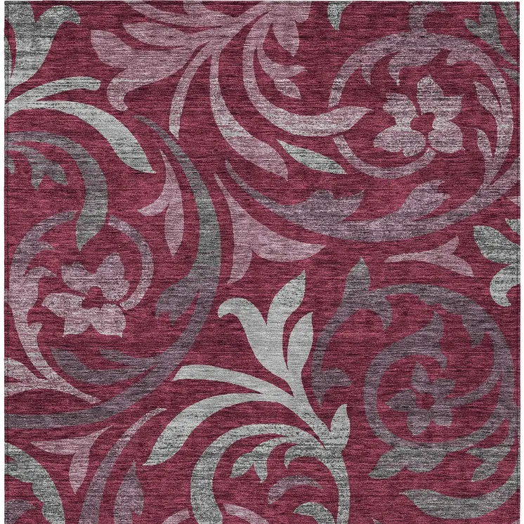 9' X 12' Red Gray And Silver Floral Washable Indoor Outdoor Area Rug
