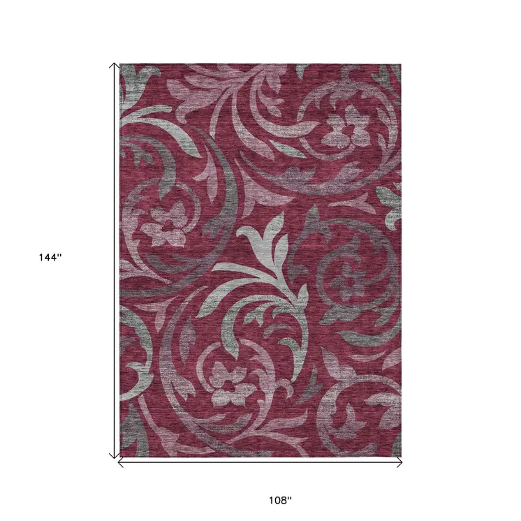 9' X 12' Red Gray And Silver Floral Washable Indoor Outdoor Area Rug