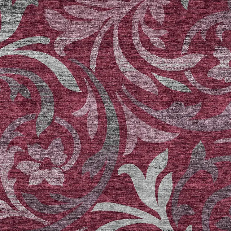 9' X 12' Red Gray And Silver Floral Washable Indoor Outdoor Area Rug