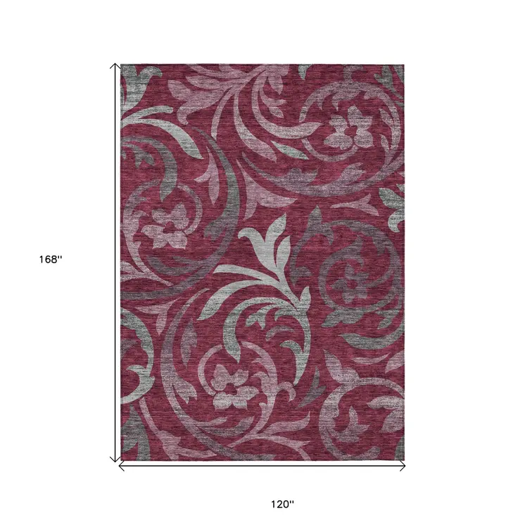 10' X 14' Red Gray And Silver Floral Washable Indoor Outdoor Area Rug