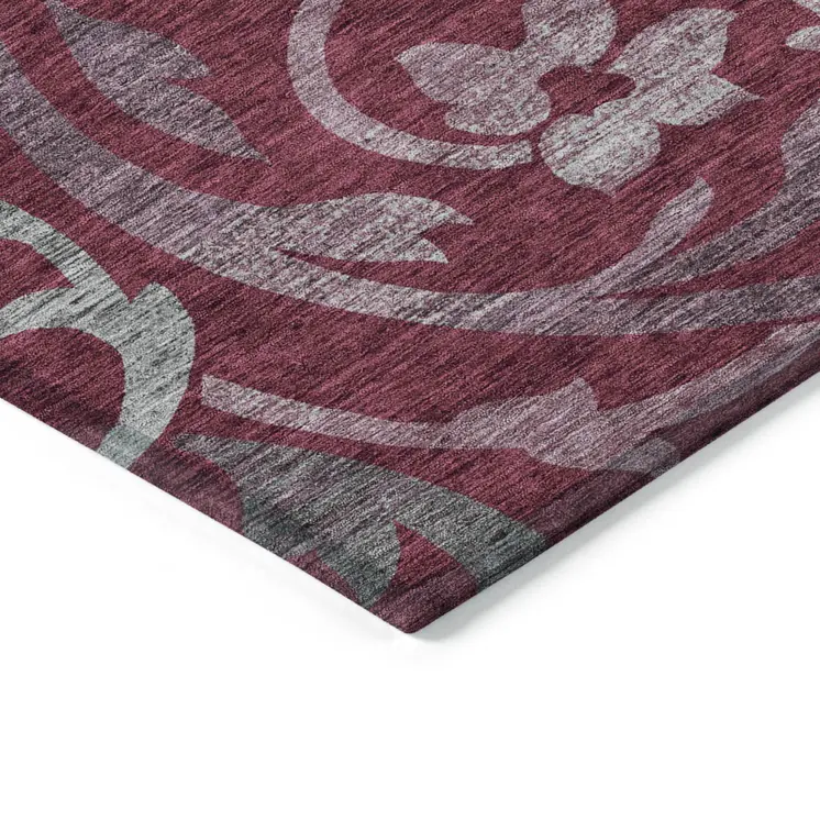 10' X 14' Red Gray And Silver Floral Washable Indoor Outdoor Area Rug
