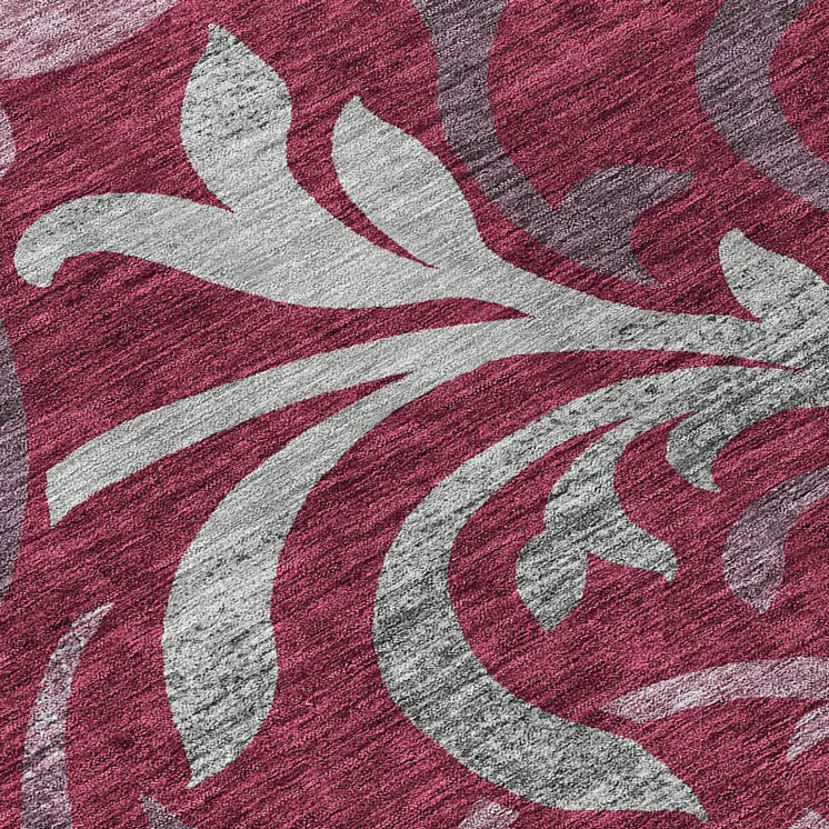 10' X 14' Red Gray And Silver Floral Washable Indoor Outdoor Area Rug