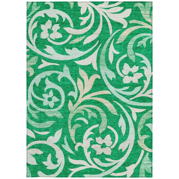 3' X 5' Mint Green And Ivory Floral Washable Indoor Outdoor Area Rug