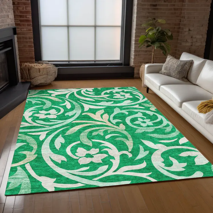 3' X 5' Mint Green And Ivory Floral Washable Indoor Outdoor Area Rug