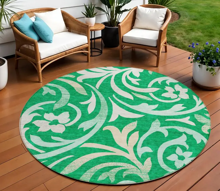 8' Mint Green And Ivory Round Floral Washable Indoor Outdoor Area Rug