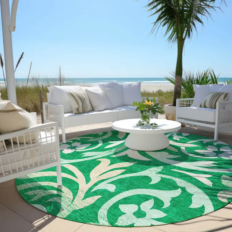 8' Mint Green And Ivory Round Floral Washable Indoor Outdoor Area Rug