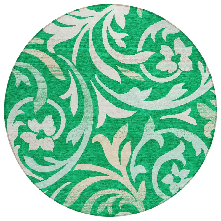 8' Mint Green And Ivory Round Floral Washable Indoor Outdoor Area Rug