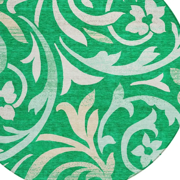8' Mint Green And Ivory Round Floral Washable Indoor Outdoor Area Rug