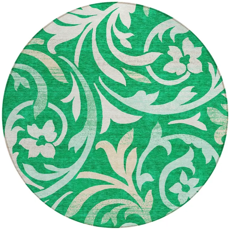 8' Mint Green And Ivory Round Floral Washable Indoor Outdoor Area Rug