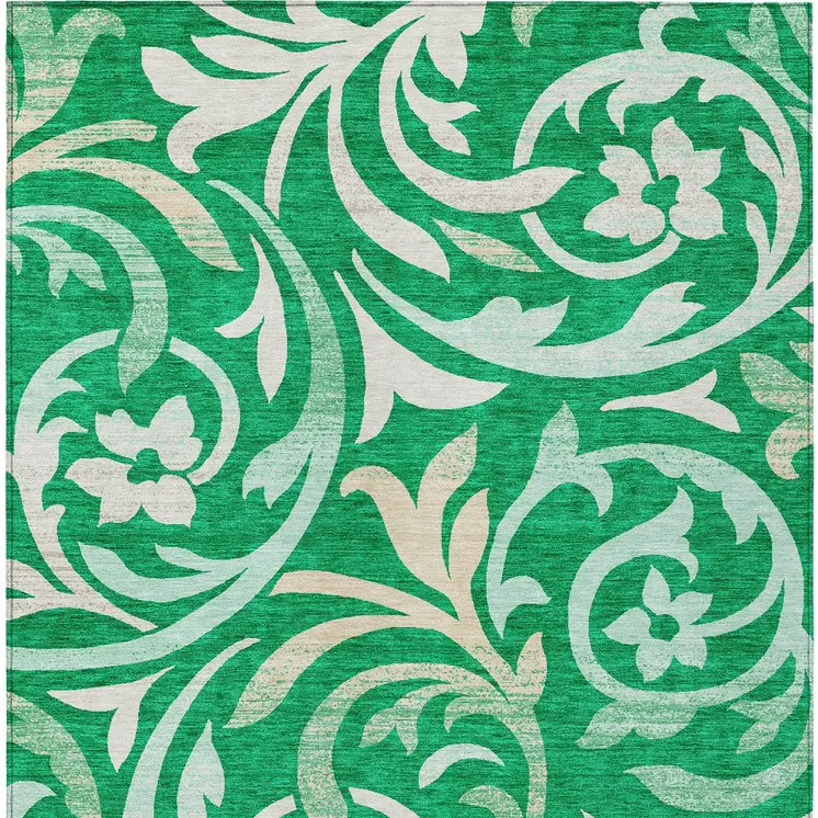 8' X 10' Mint Green And Ivory Floral Washable Indoor Outdoor Area Rug