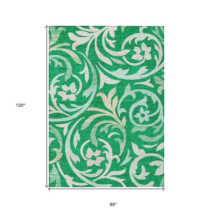 8' X 10' Mint Green And Ivory Floral Washable Indoor Outdoor Area Rug