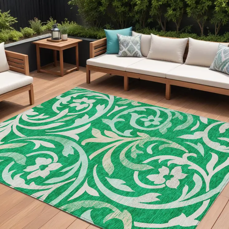 8' X 10' Mint Green And Ivory Floral Washable Indoor Outdoor Area Rug