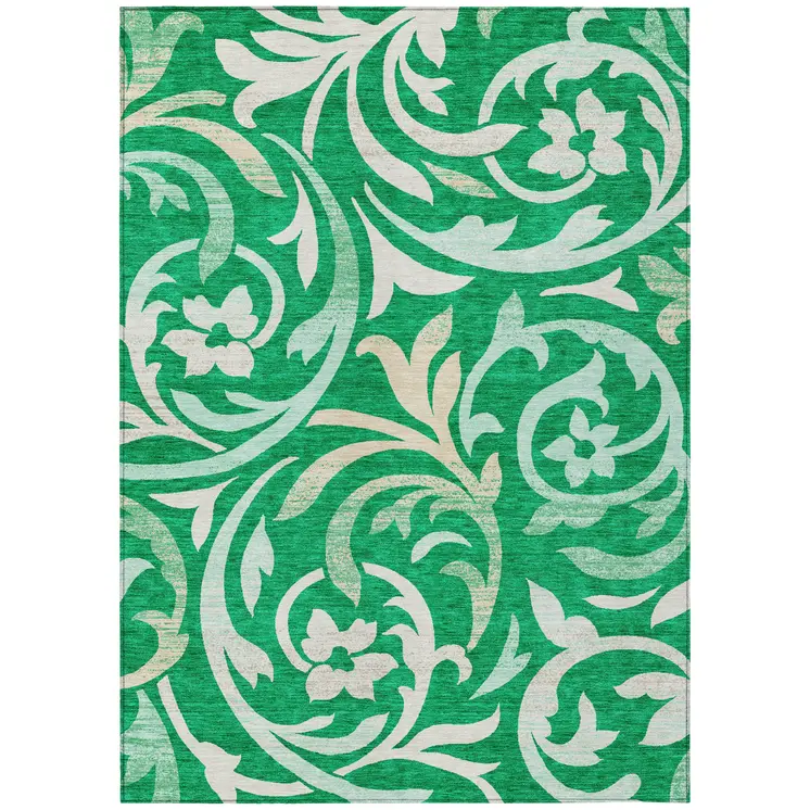 8' X 10' Mint Green And Ivory Floral Washable Indoor Outdoor Area Rug